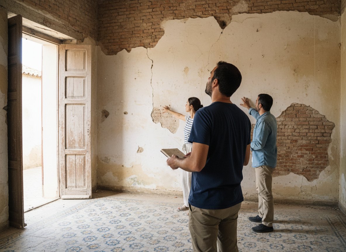 Ilustración: un albañil, de espaldas y con una libreta, escucha a una pareja que le señala la pared desconchada de una casa antigua por reformar, con el ladrillo a la vista y el suelo hidráulico